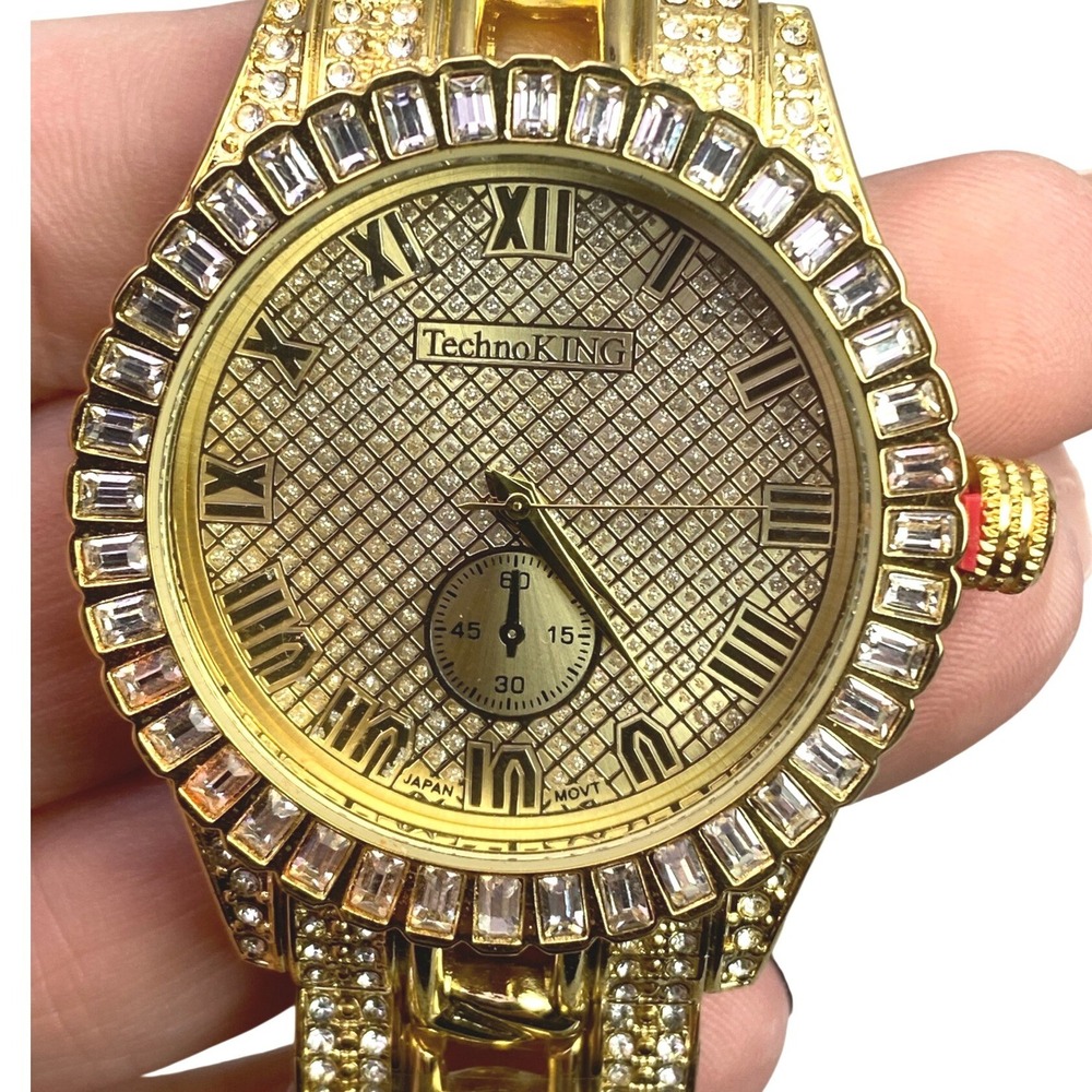 Techno King Mens Watch Gold Tone Iced Out Bling Roman Numeral‎ Chronograph